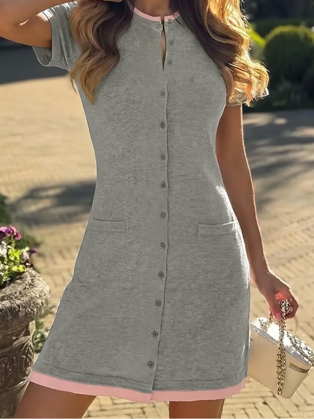 Chic Gray Dress with Pink Trim Button-Front